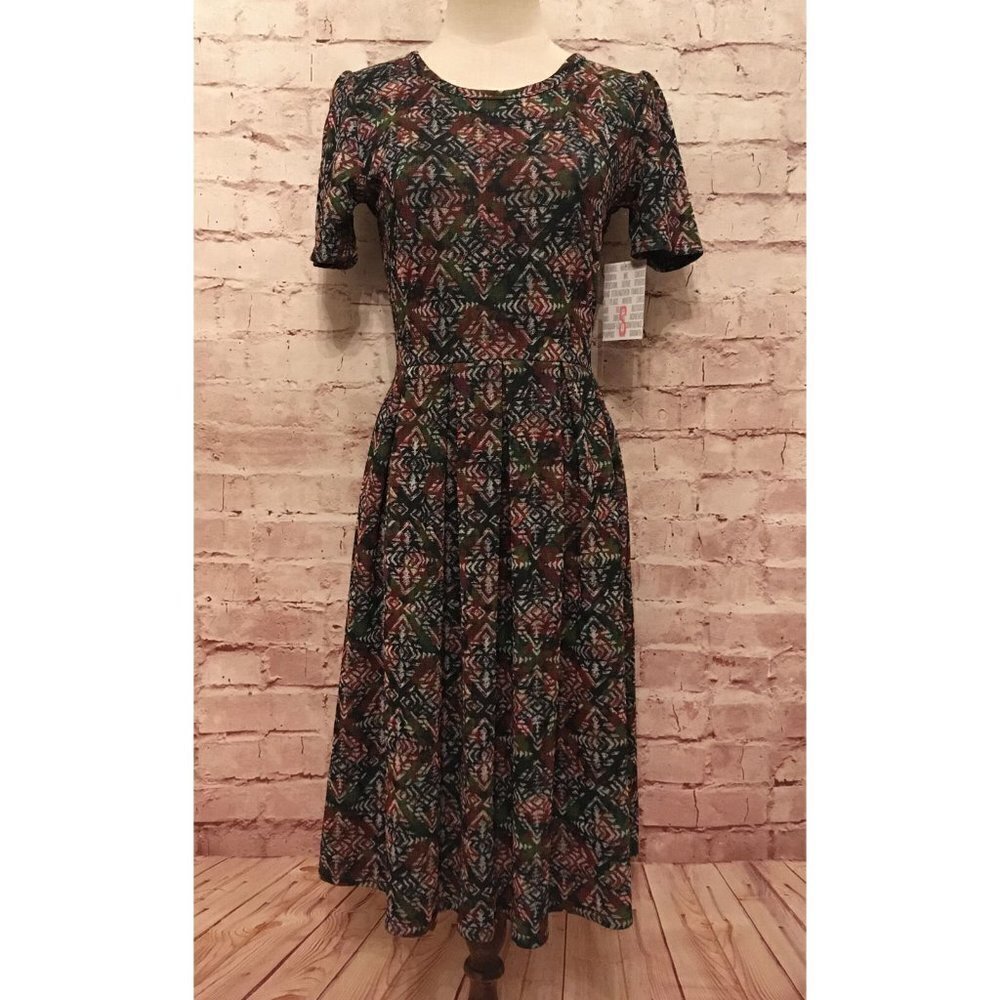 LuLaRoe AMELIA Dress Fit & Flare Tribal Print Rust Gray Green Womens Size S NEW